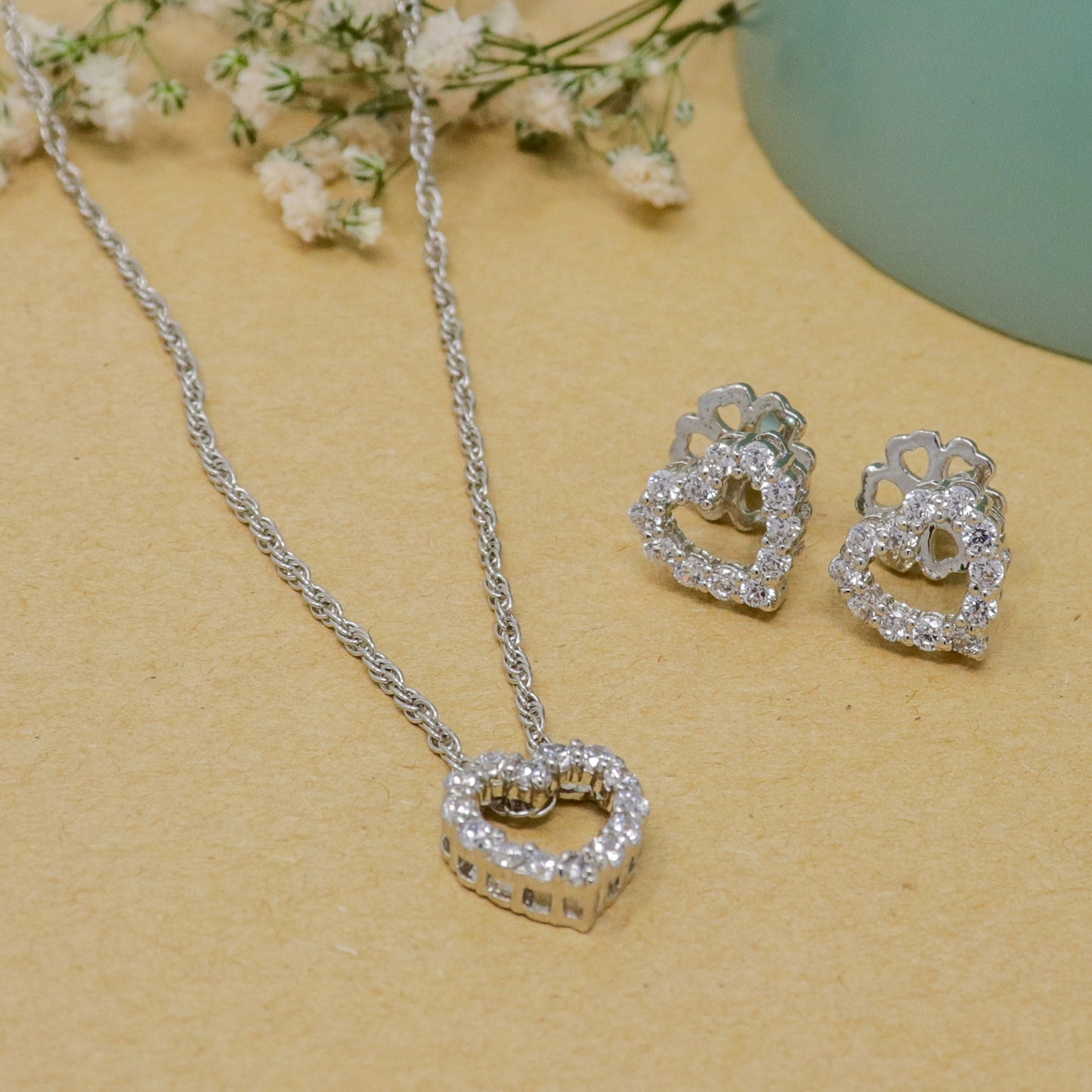 DIAMOND HEART SILVER CHAIN NECKLACE WITH EARRING