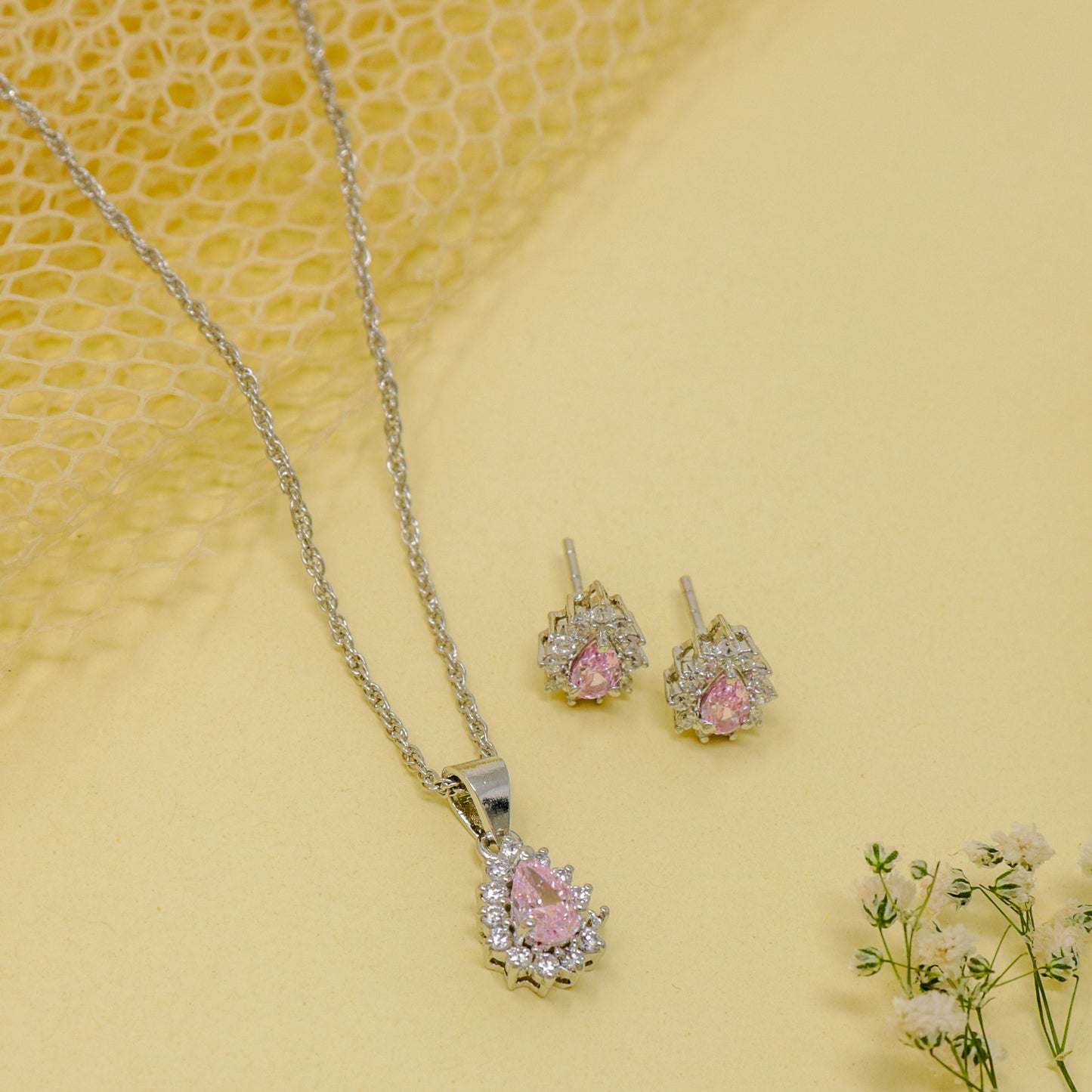 DOUBLE TEAR ZIRCON CHAIN NECKLACE WITH EARRING