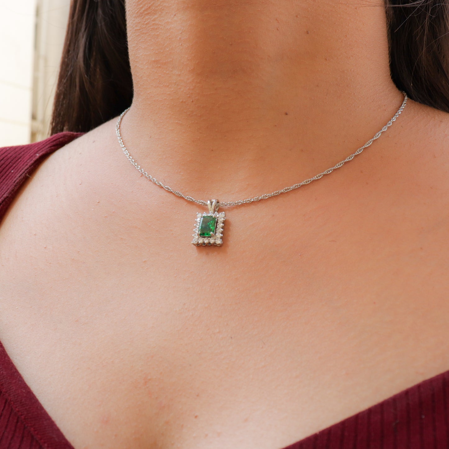 EMERALD CZ SILVER CHAIN NECKLACE