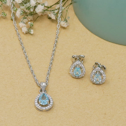 LIGHT BLUE SOLITAIRE NECKLACE WITH EARRING