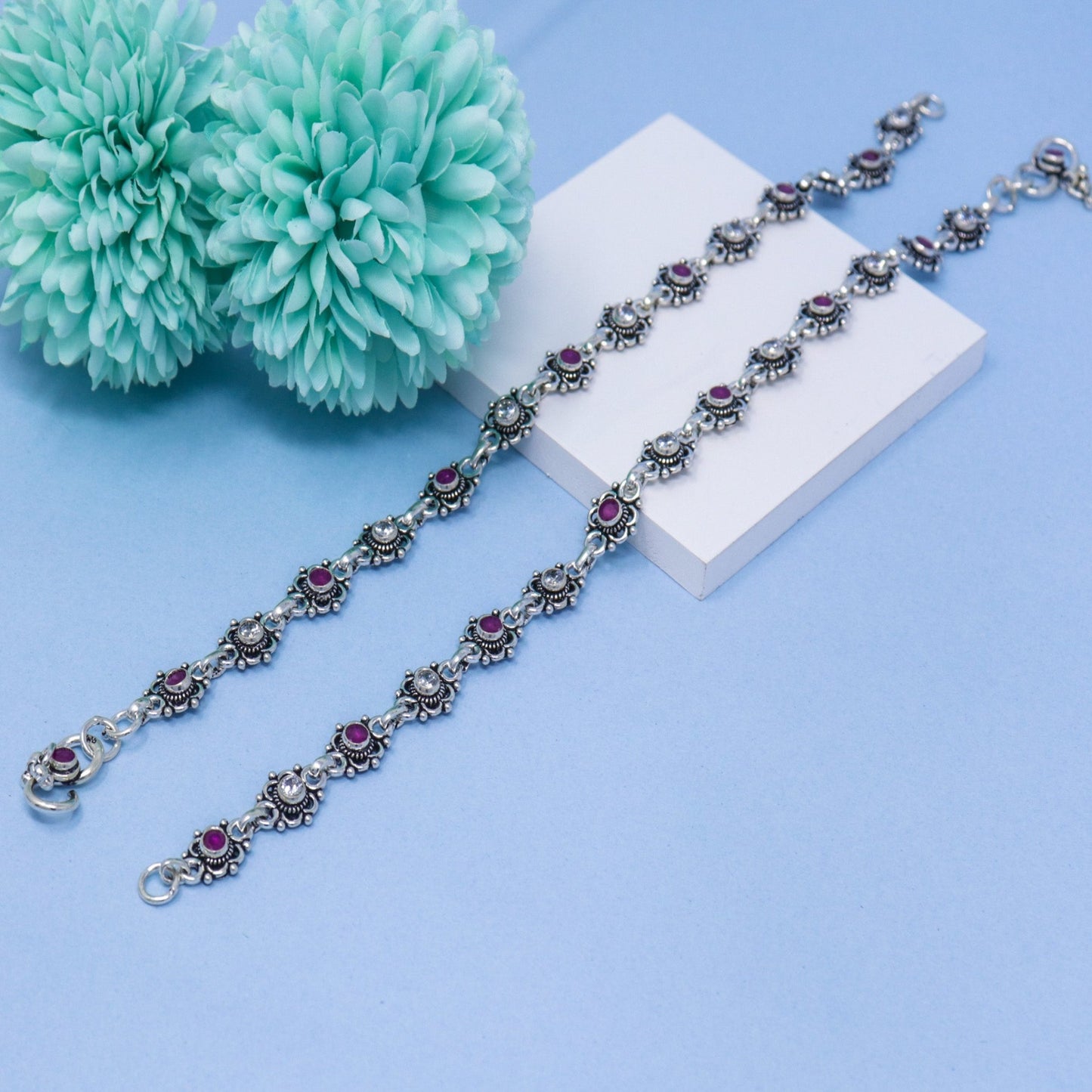 CUT STONE FLOWER SILVER ANKLET